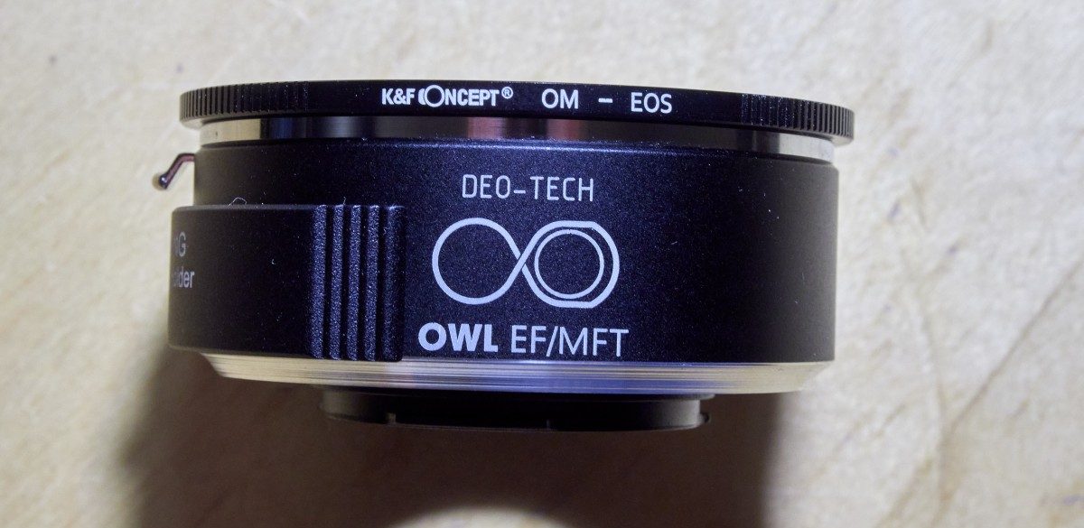 The DEO-TECH OWL EF/MFT adapter with a K&F Concept OM/EF adapter attached.